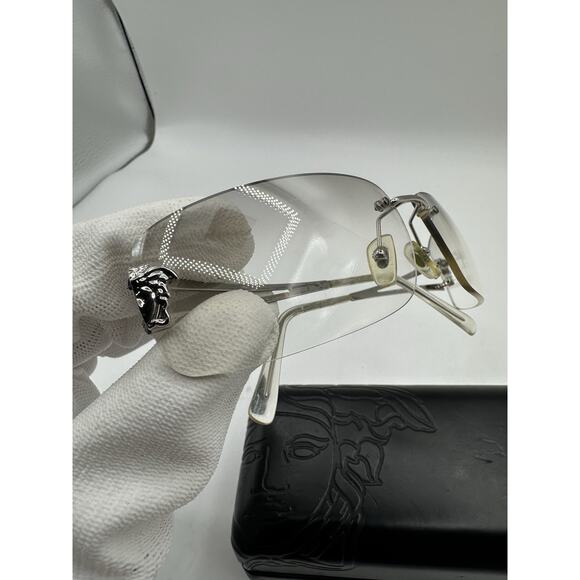 Versace Vintage VE N40 Rimless Shield Sunglasses Silver Italy Y2K